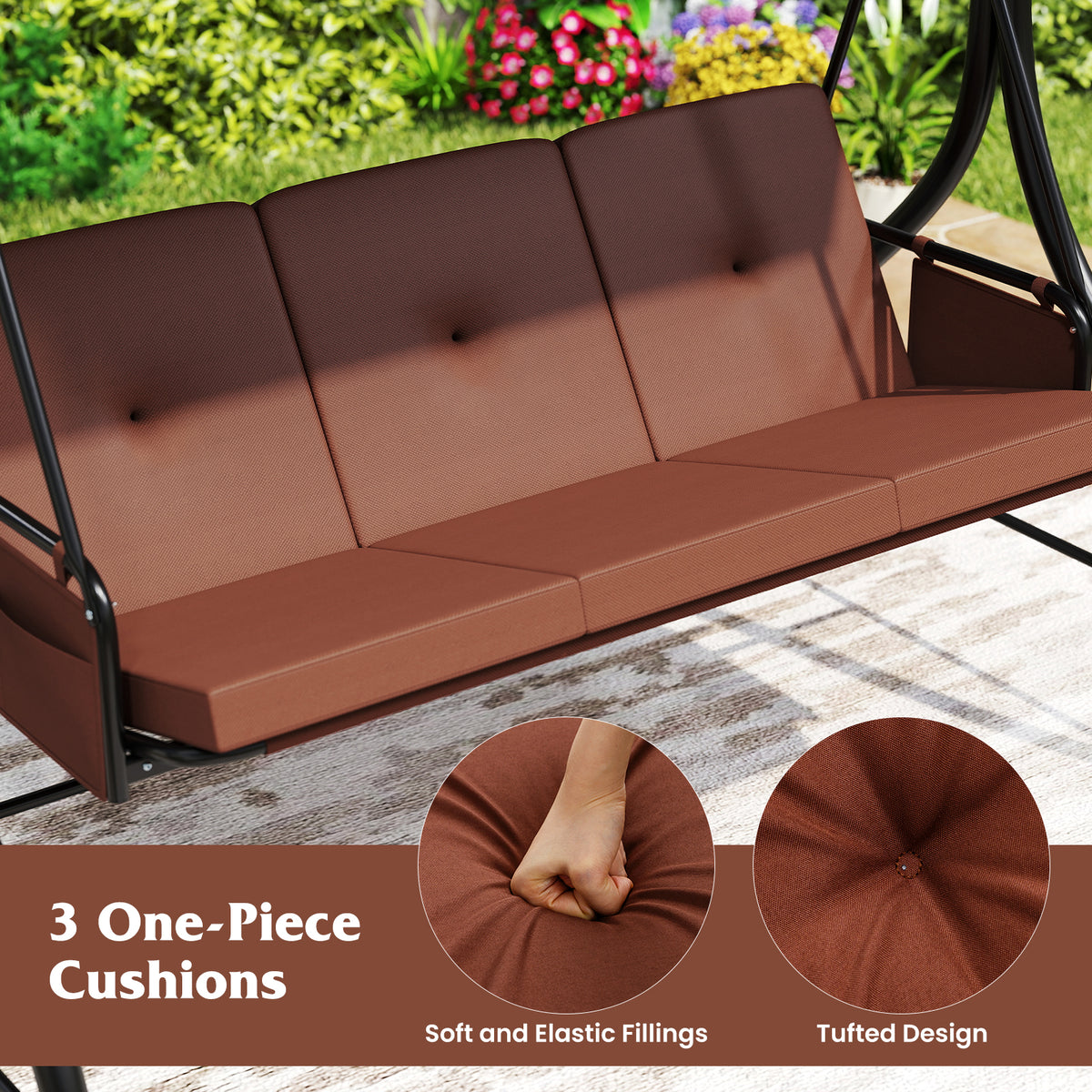 3-Piece Patio Swing with Canopy Removable Cushions and Side Pockets