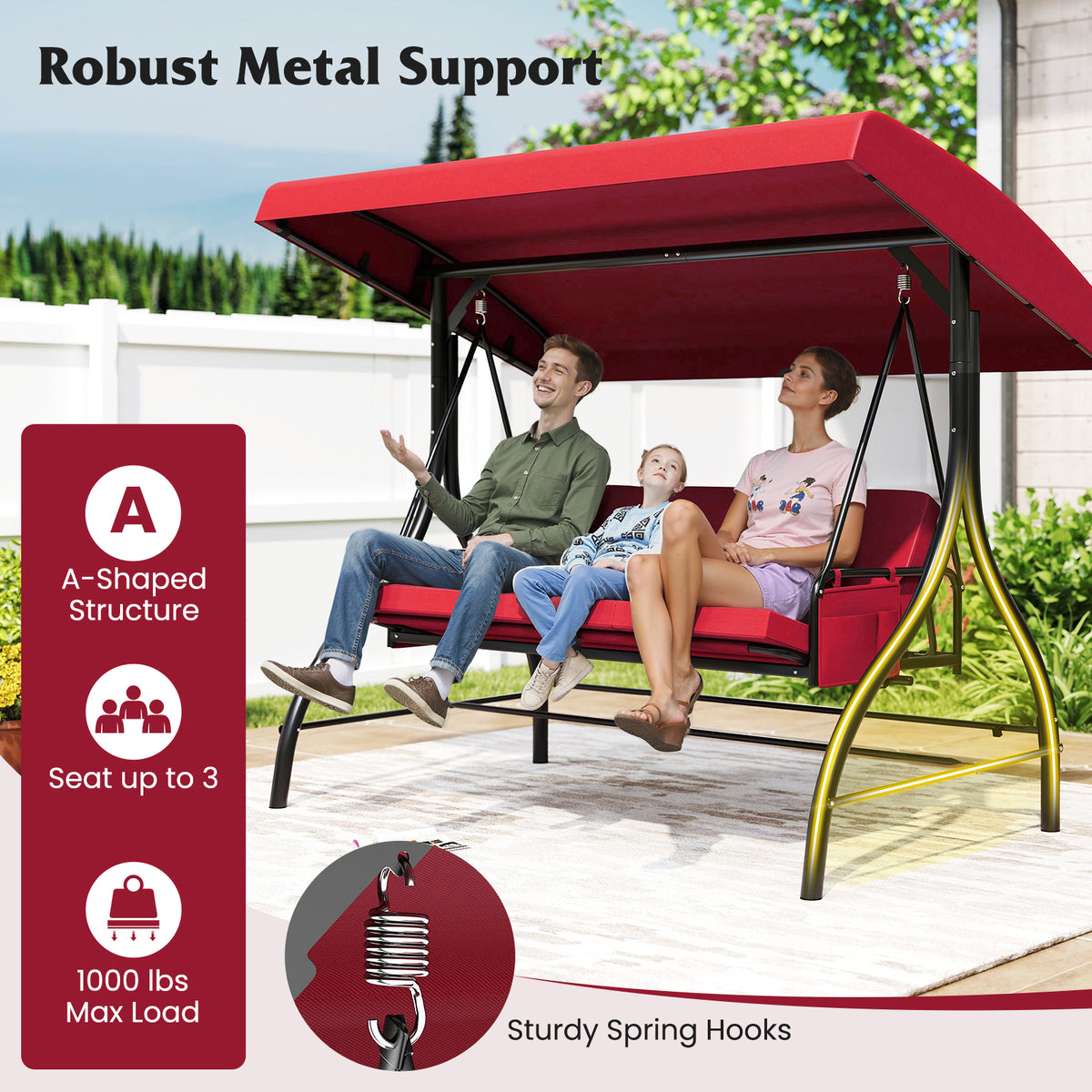 3-Piece Patio Swing with Canopy Removable Cushions and Side Pockets