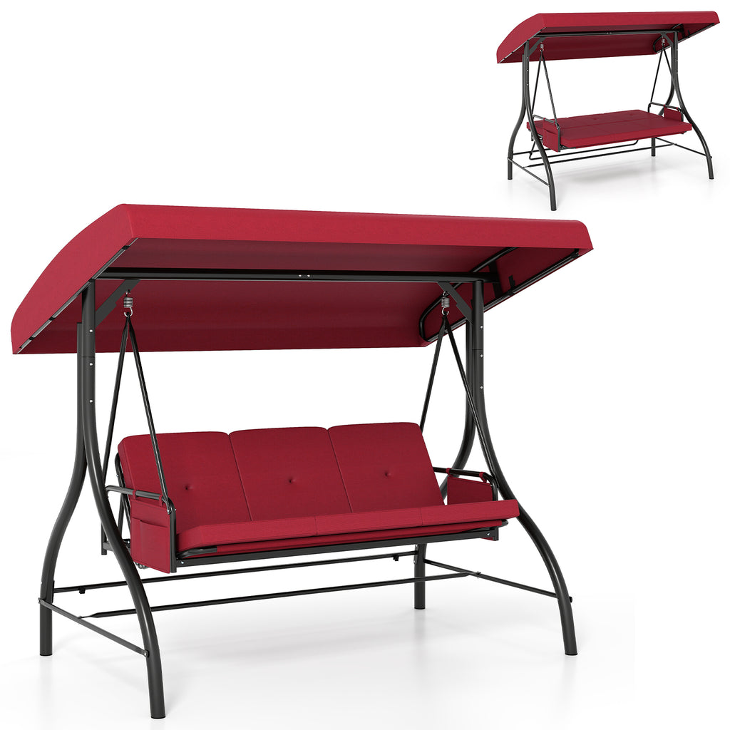 3-Piece Patio Swing with Canopy Removable Cushions and Side Pockets