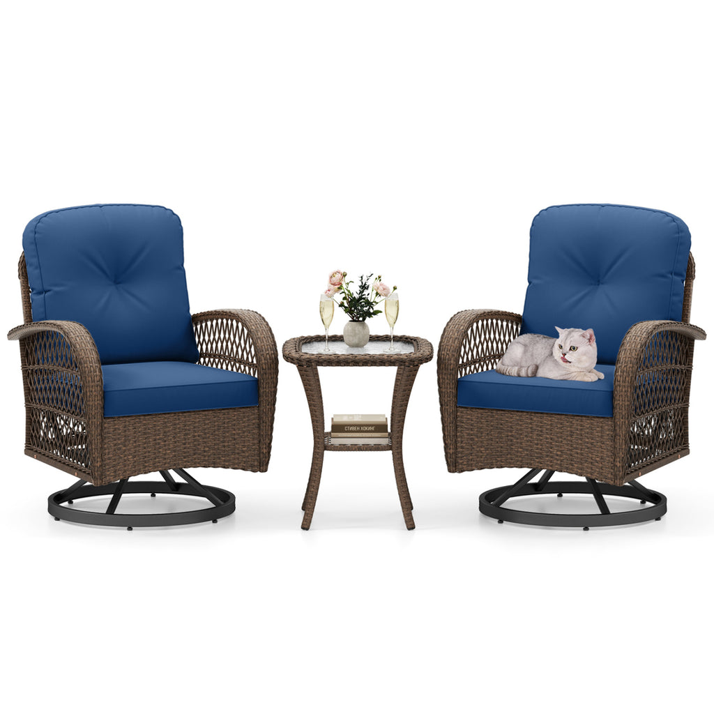 3 Piece Patio Swivel Rocker Set with Tempered Glass Side Table and