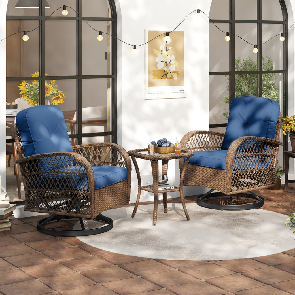 3 Piece Patio Swivel Rocker Set with Tempered Glass Side Table and
