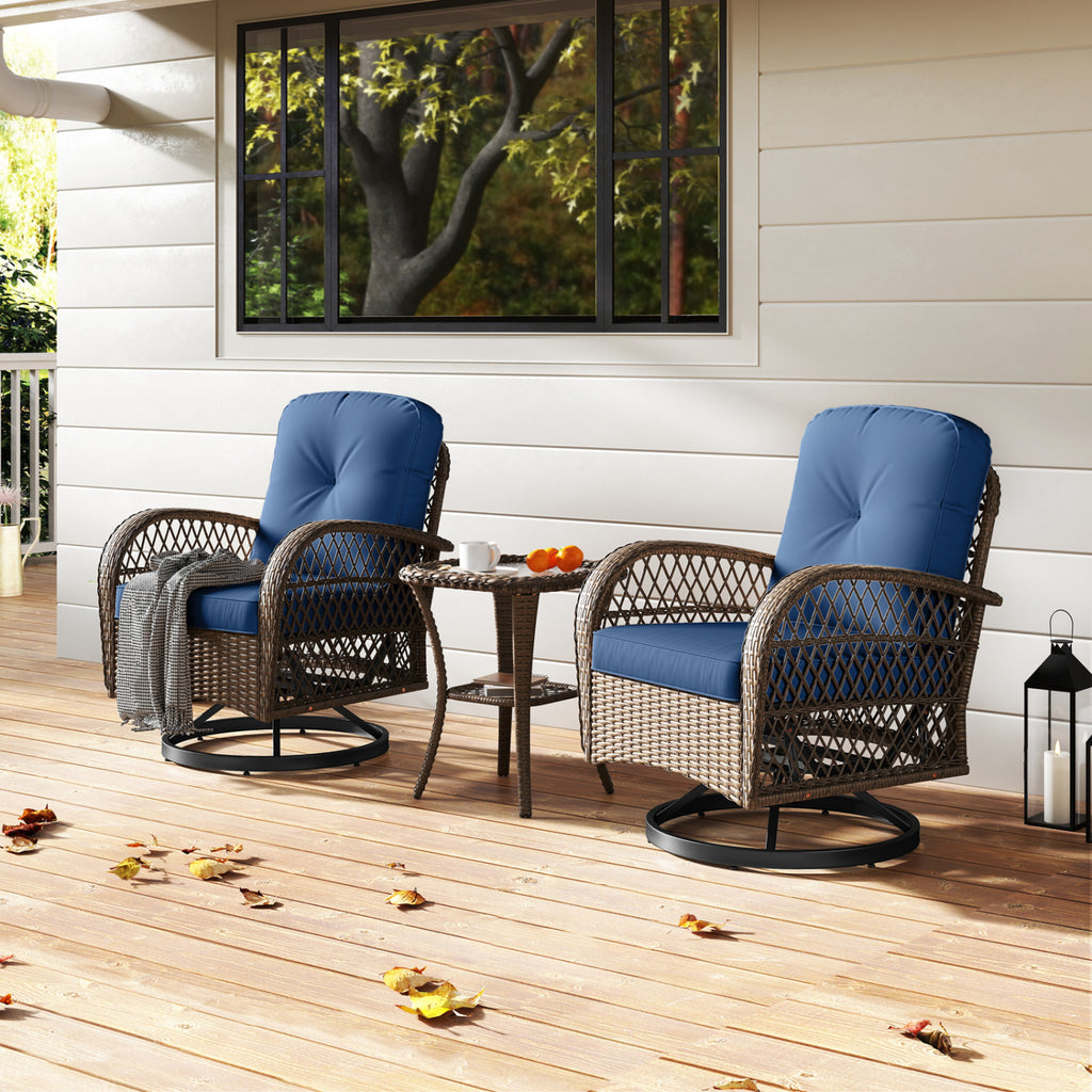3 Piece Patio Swivel Rocker Set with Tempered Glass Side Table and
