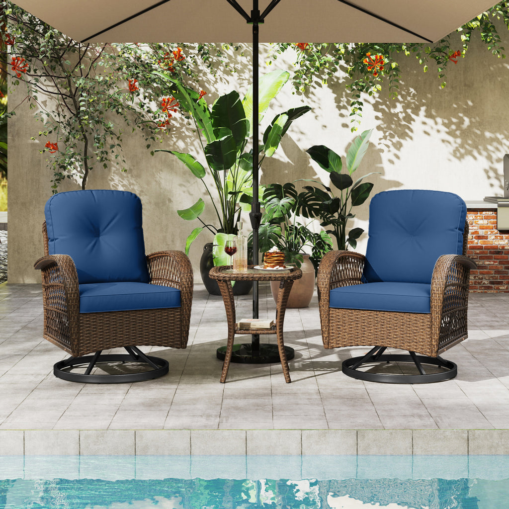 3 Piece Patio Swivel Rocker Set with Tempered Glass Side Table and