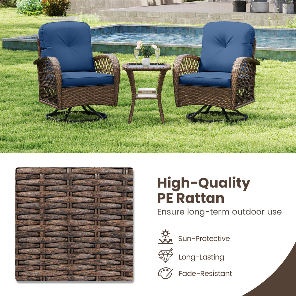 3 Piece Patio Swivel Rocker Set with Tempered Glass Side Table and