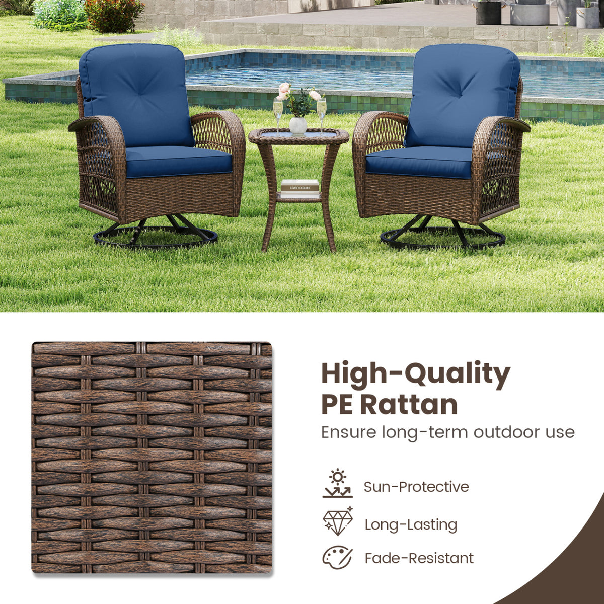 3 Piece Patio Swivel Rocker Set with Tempered Glass Side Table and