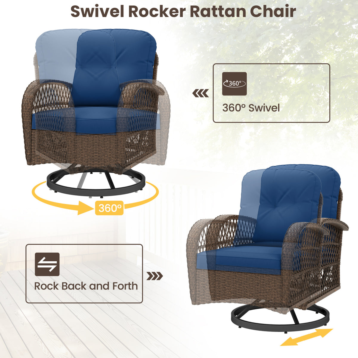 3 Piece Patio Swivel Rocker Set with Tempered Glass Side Table and