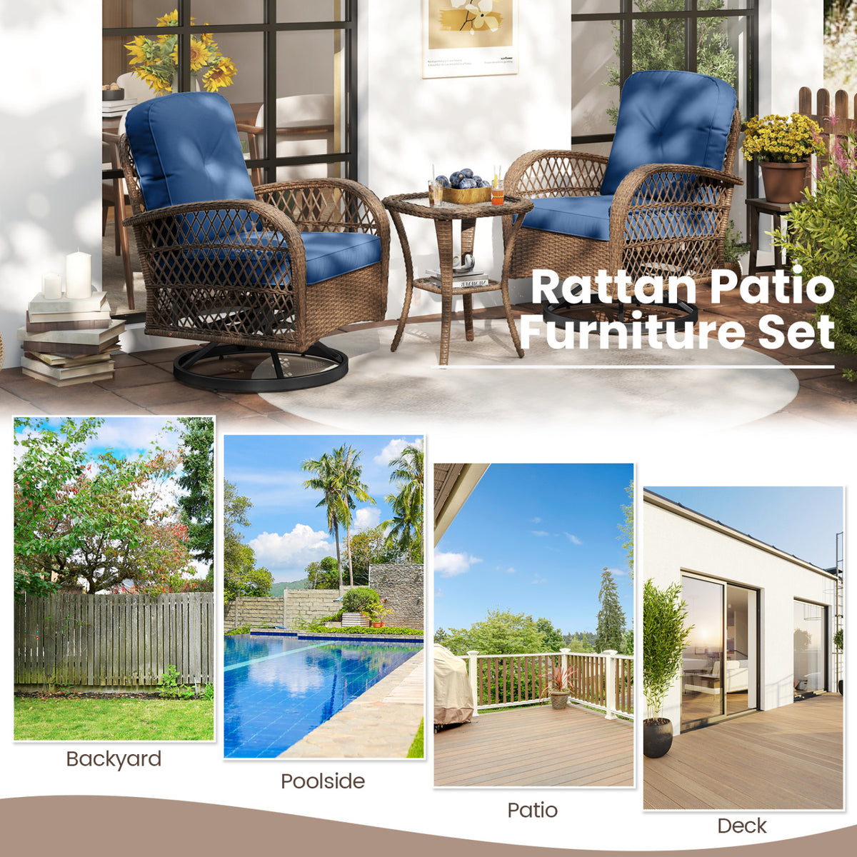3 Piece Patio Swivel Rocker Set with Tempered Glass Side Table and