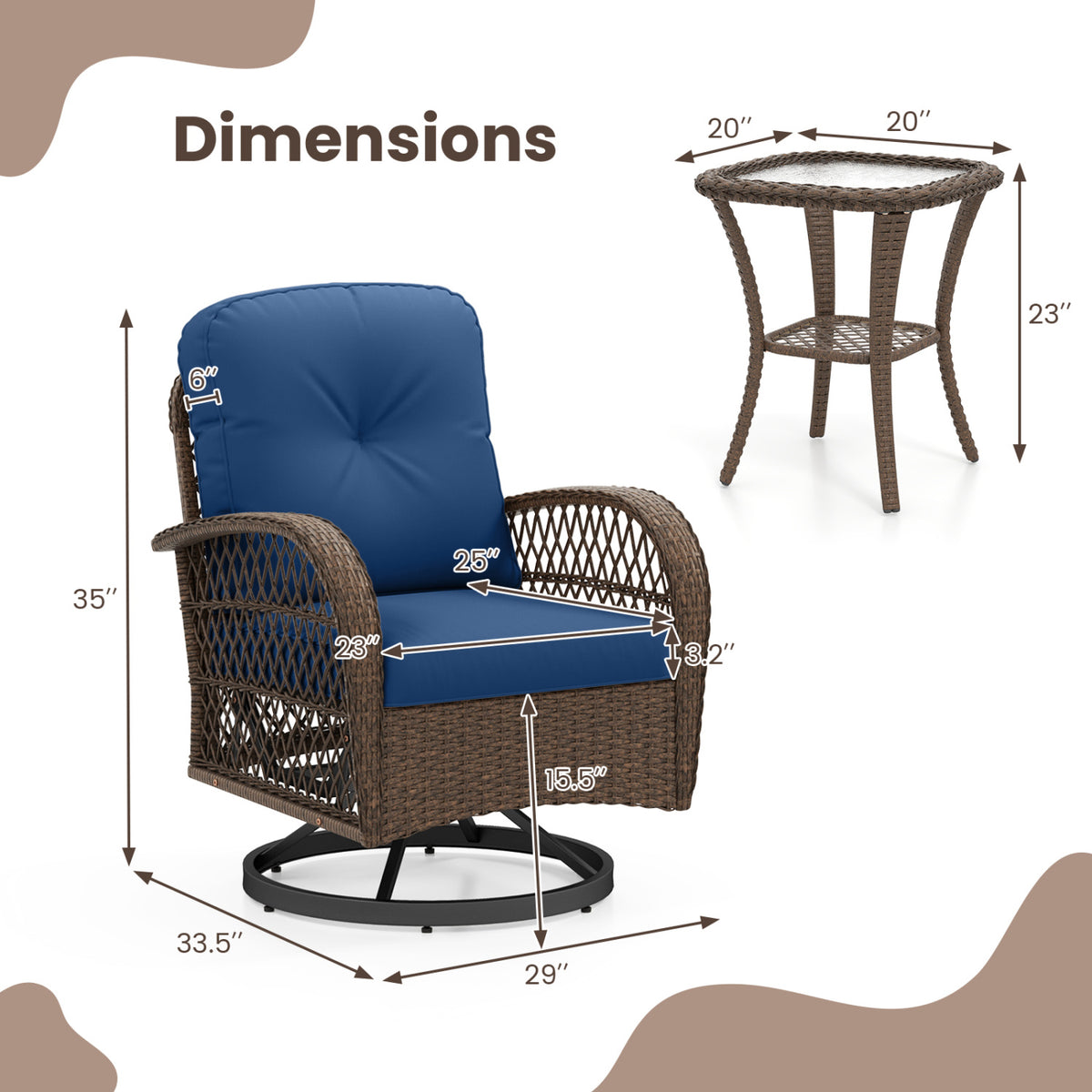 3 Piece Patio Swivel Rocker Set with Tempered Glass Side Table and