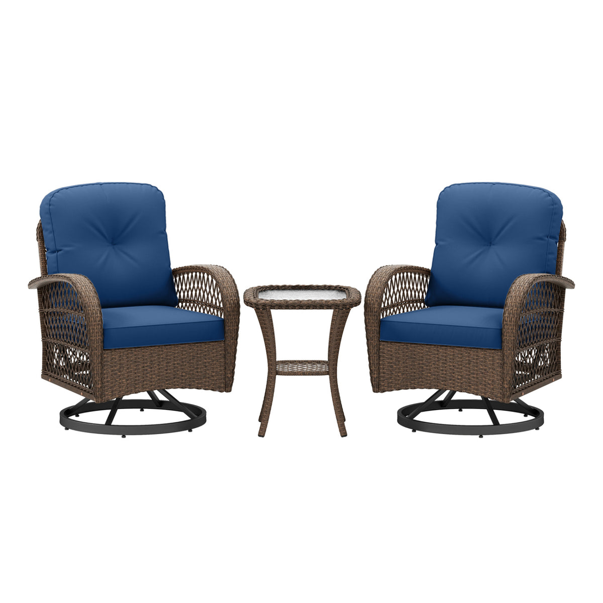 3 Piece Patio Swivel Rocker Set with Tempered Glass Side Table and