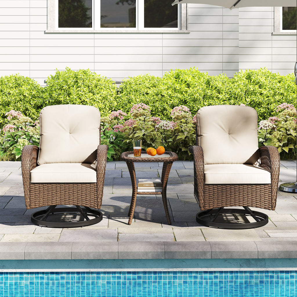 3 Piece Patio Swivel Rocker Set with Tempered Glass Side Table - White