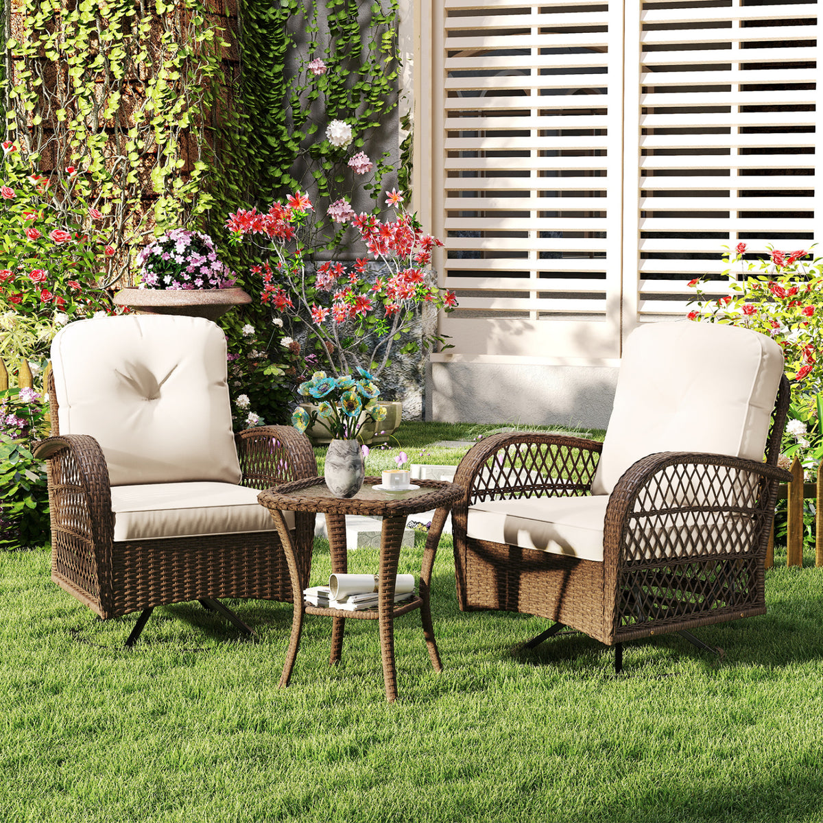 3 Piece Patio Swivel Rocker Set with Tempered Glass Side Table - White