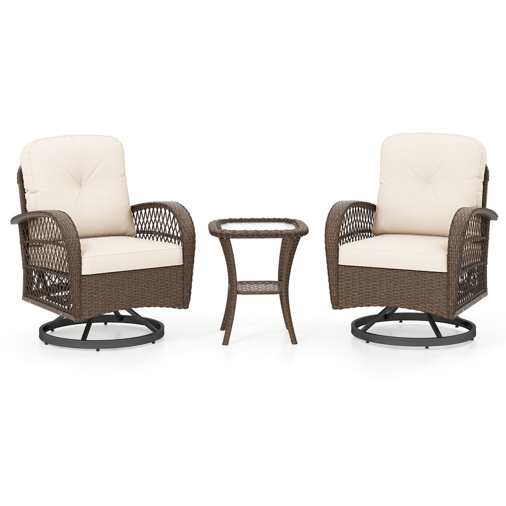 3 Piece Patio Swivel Rocker Set with Tempered Glass Side Table - White