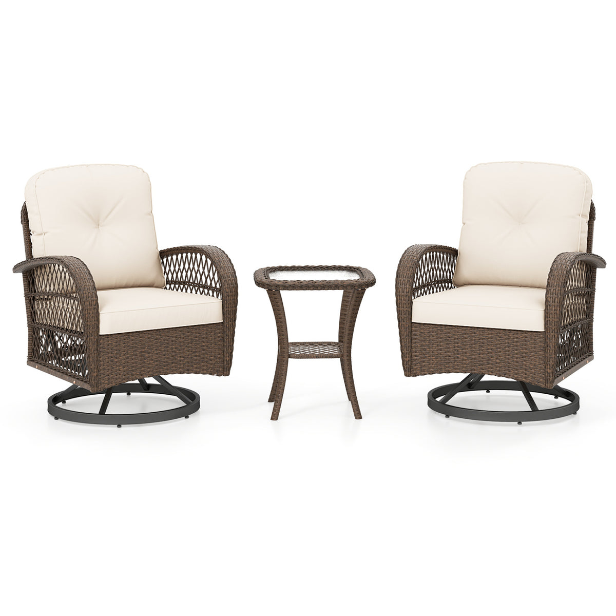 3 Piece Patio Swivel Rocker Set with Tempered Glass Side Table - White
