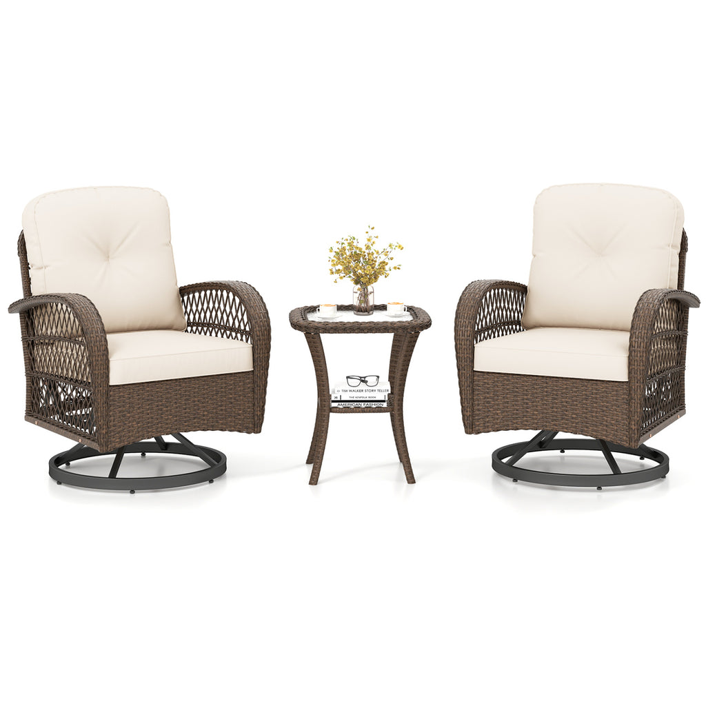 3 Piece Patio Swivel Rocker Set with Tempered Glass Side Table - White