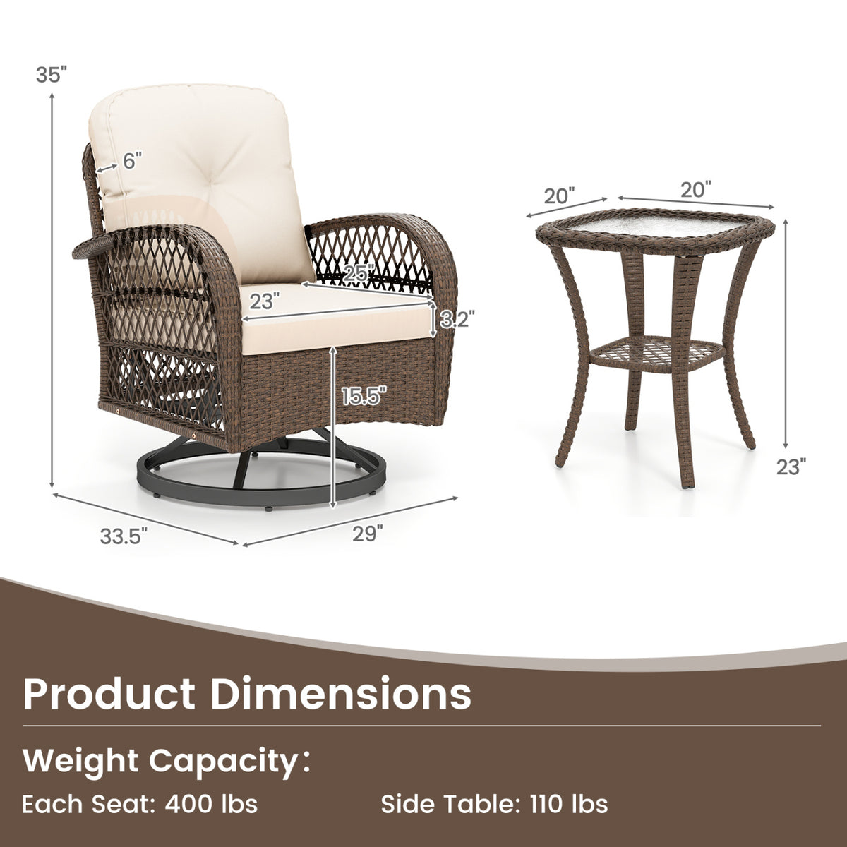 3 Piece Patio Swivel Rocker Set with Tempered Glass Side Table - White