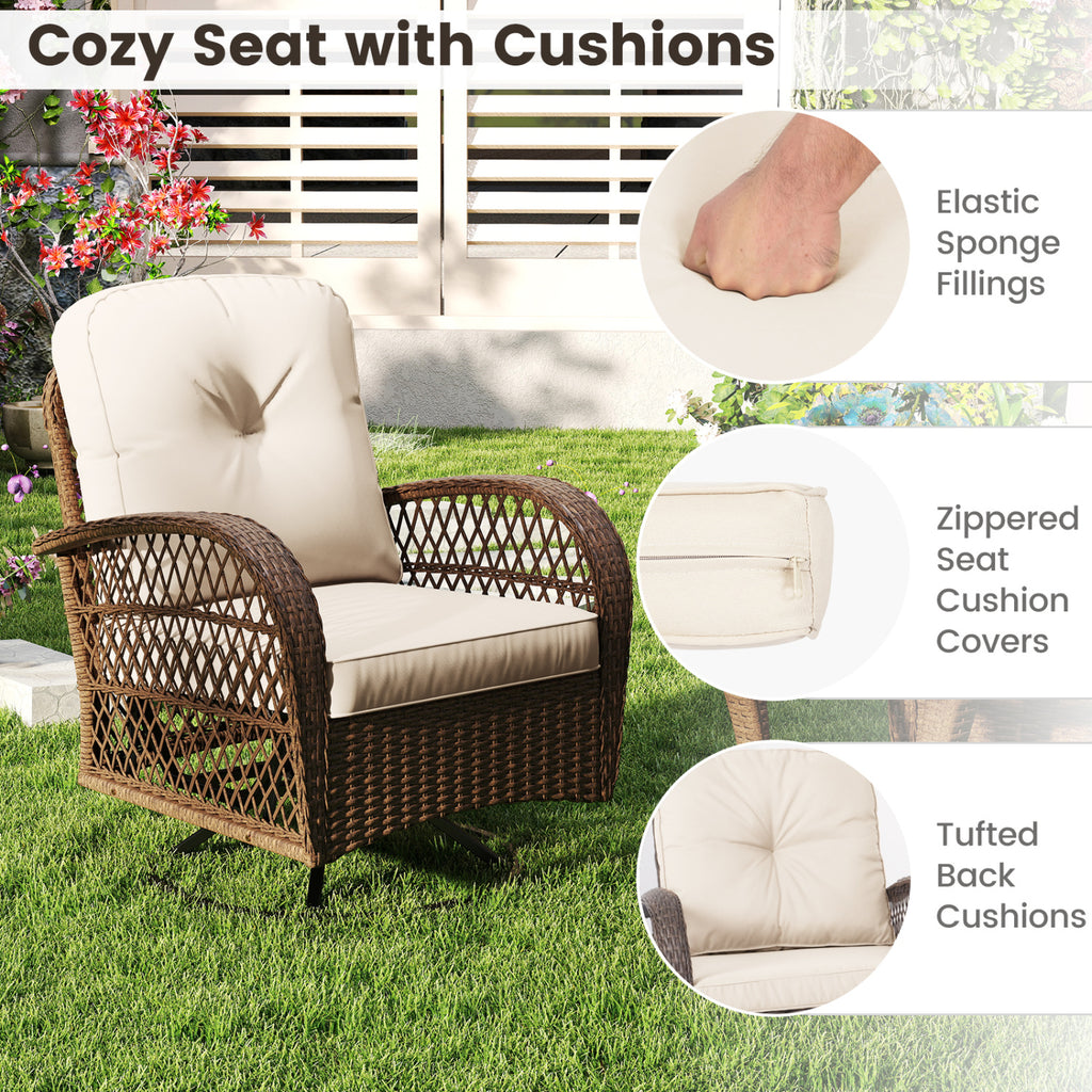 3 Piece Patio Swivel Rocker Set with Tempered Glass Side Table - White