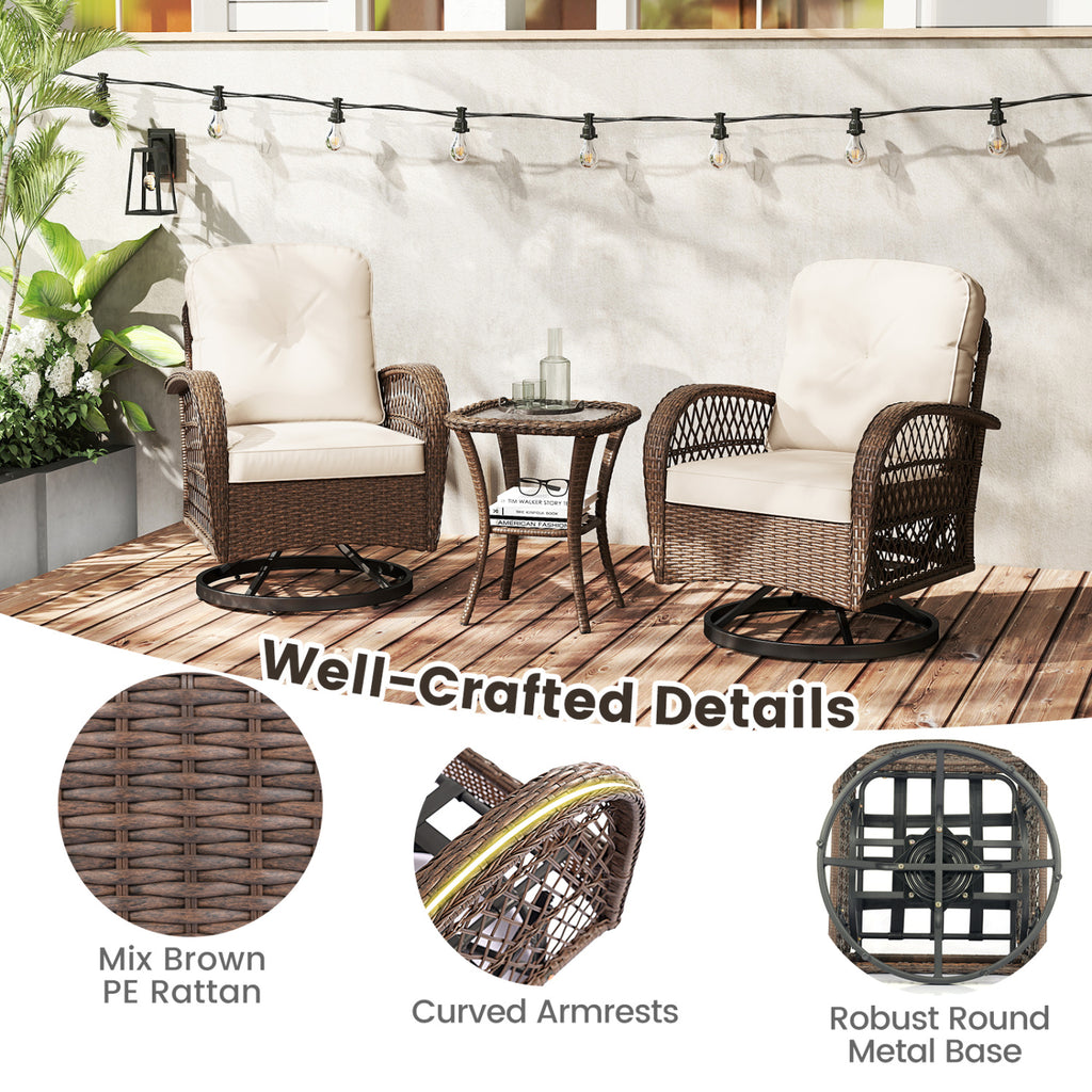 3 Piece Patio Swivel Rocker Set with Tempered Glass Side Table - White
