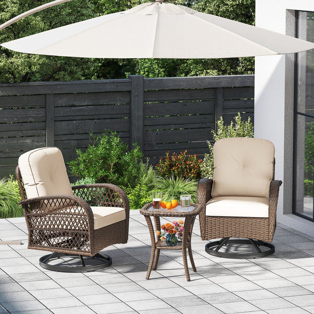 3 Piece Patio Swivel Rocker Set with Tempered Glass Side Table - White