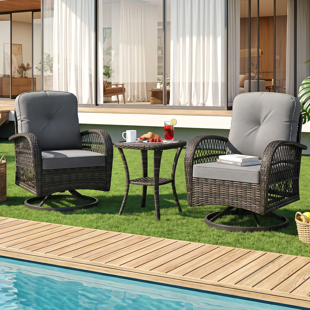 3 Piece Patio Swivel Rocker Set with Glass Side Table - Dark Gray