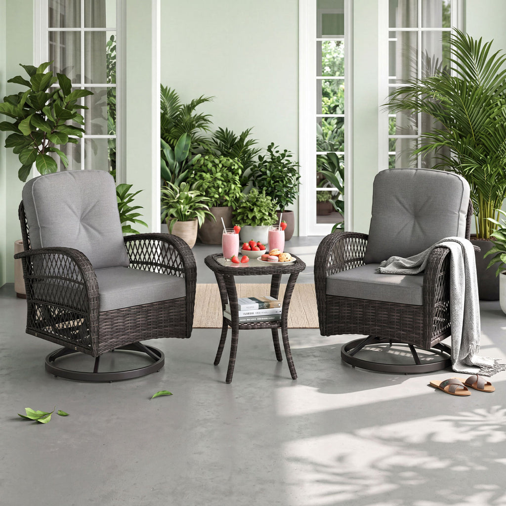 3 Piece Patio Swivel Rocker Set with Glass Side Table - Dark Gray