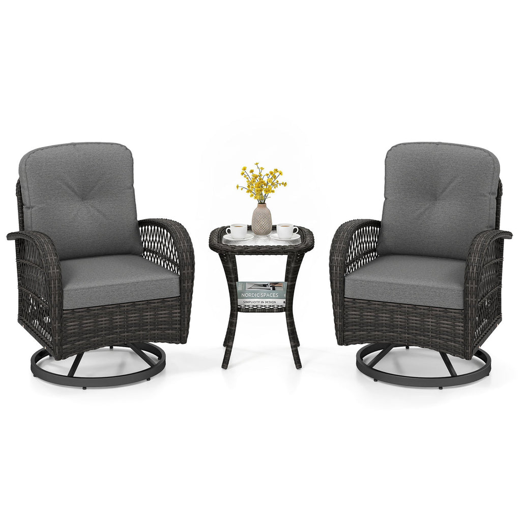 3 Piece Patio Swivel Rocker Set with Glass Side Table - Dark Gray