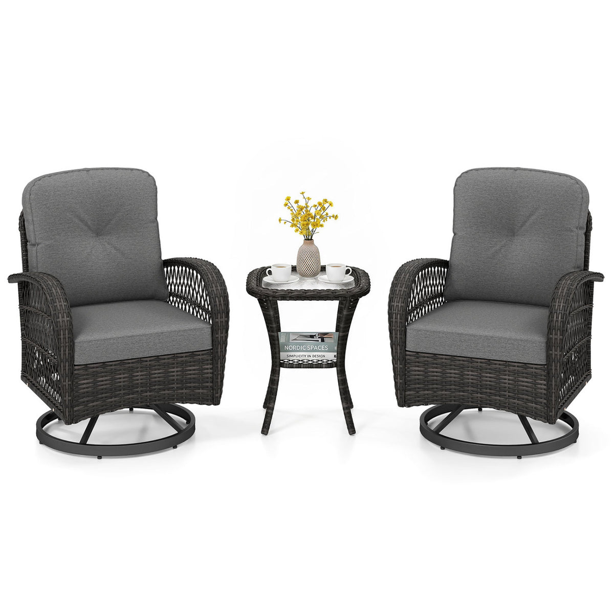 3 Piece Patio Swivel Rocker Set with Glass Side Table - Dark Gray