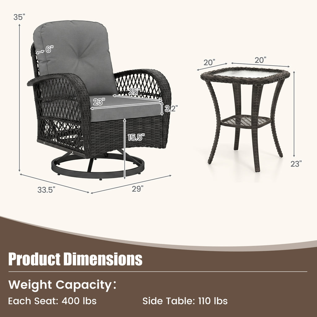 3 Piece Patio Swivel Rocker Set with Glass Side Table - Dark Gray