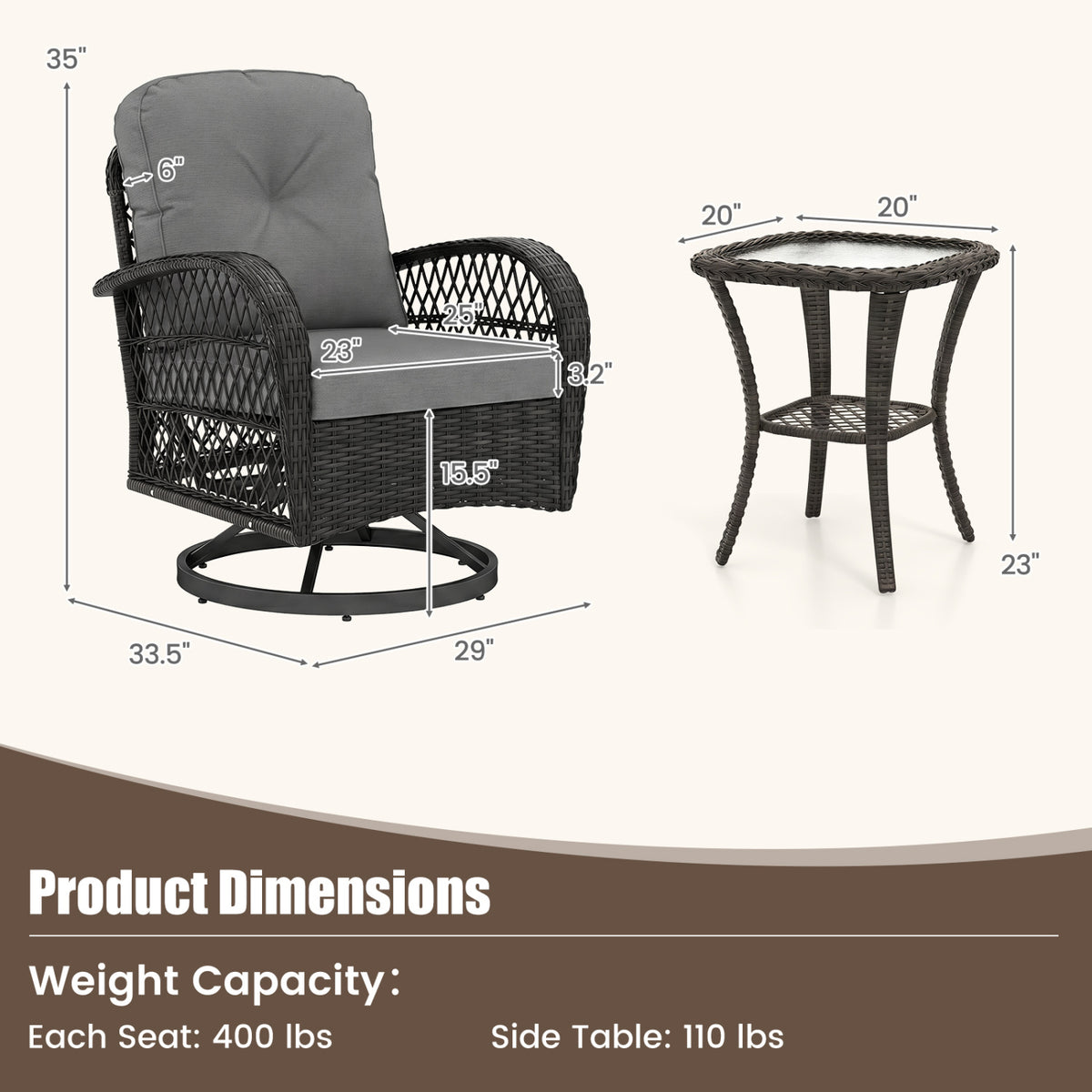 3 Piece Patio Swivel Rocker Set with Glass Side Table - Dark Gray