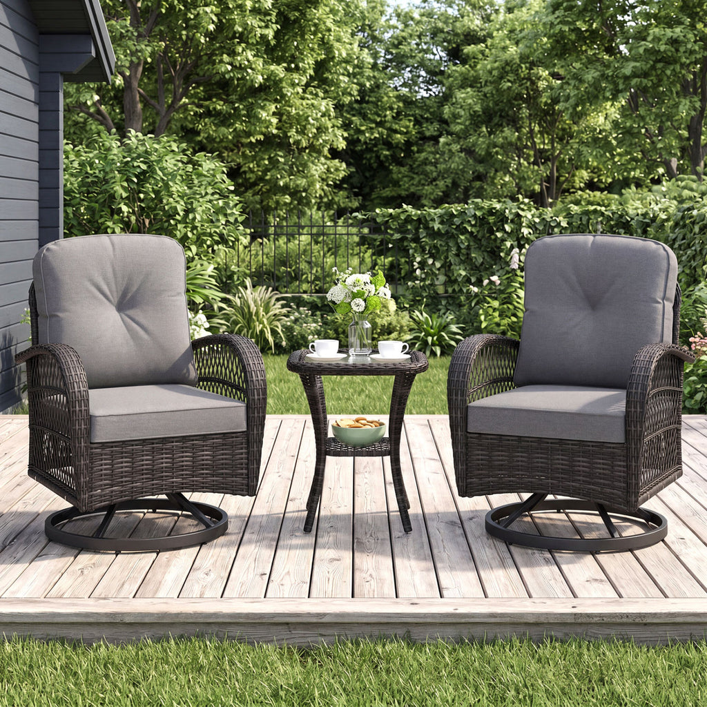 3 Piece Patio Swivel Rocker Set with Glass Side Table - Dark Gray