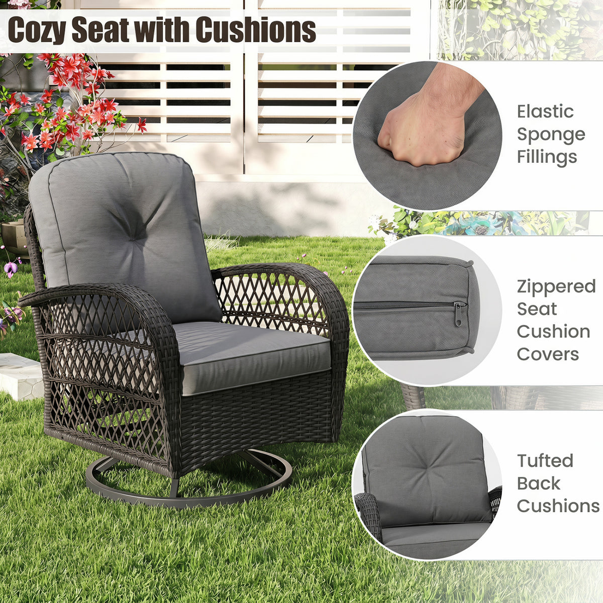 3 Piece Patio Swivel Rocker Set with Glass Side Table - Dark Gray
