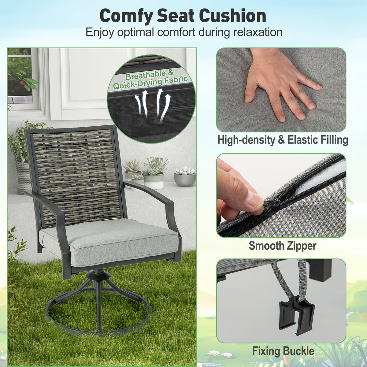 3 Piece Patio Swivel Chair Set with Soft Seat Cushions for Backyard