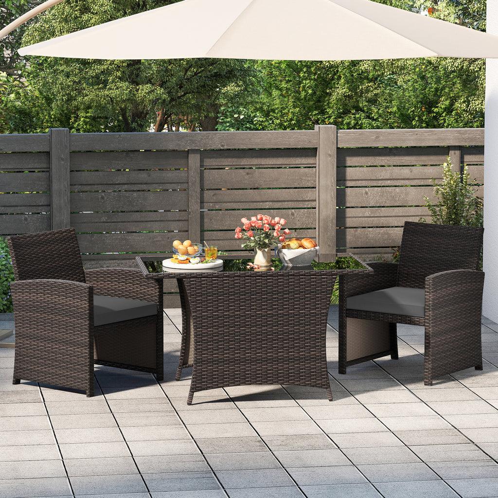 3-Piece Patio Wicker Dining Set with Tempered Glass Table – Gray