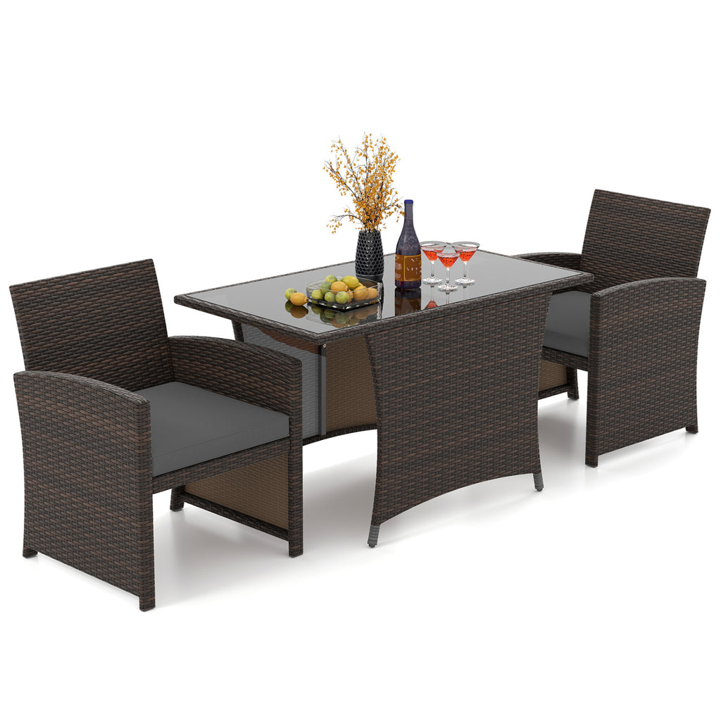 3-Piece Patio Wicker Dining Set with Tempered Glass Table – Gray