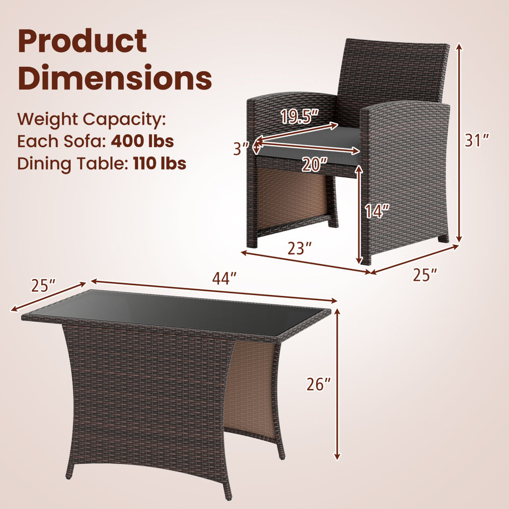 3-Piece Patio Wicker Dining Set with Tempered Glass Table – Gray