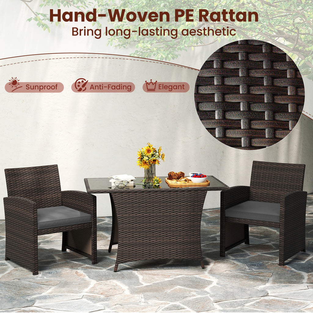 3-Piece Patio Wicker Dining Set with Tempered Glass Table – Gray