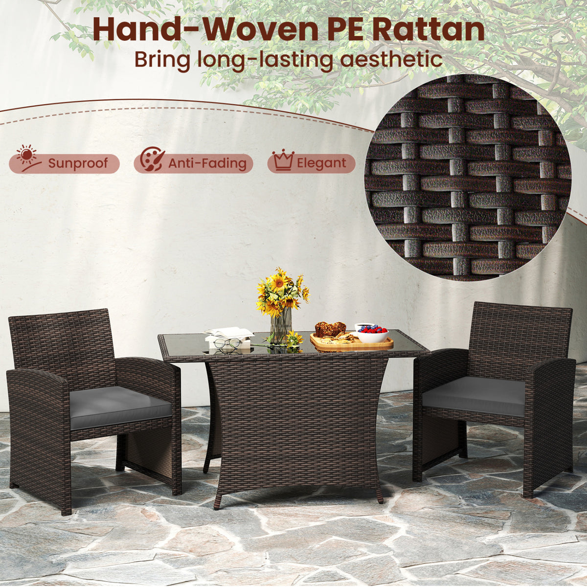 3-Piece Patio Wicker Dining Set with Tempered Glass Table – Gray