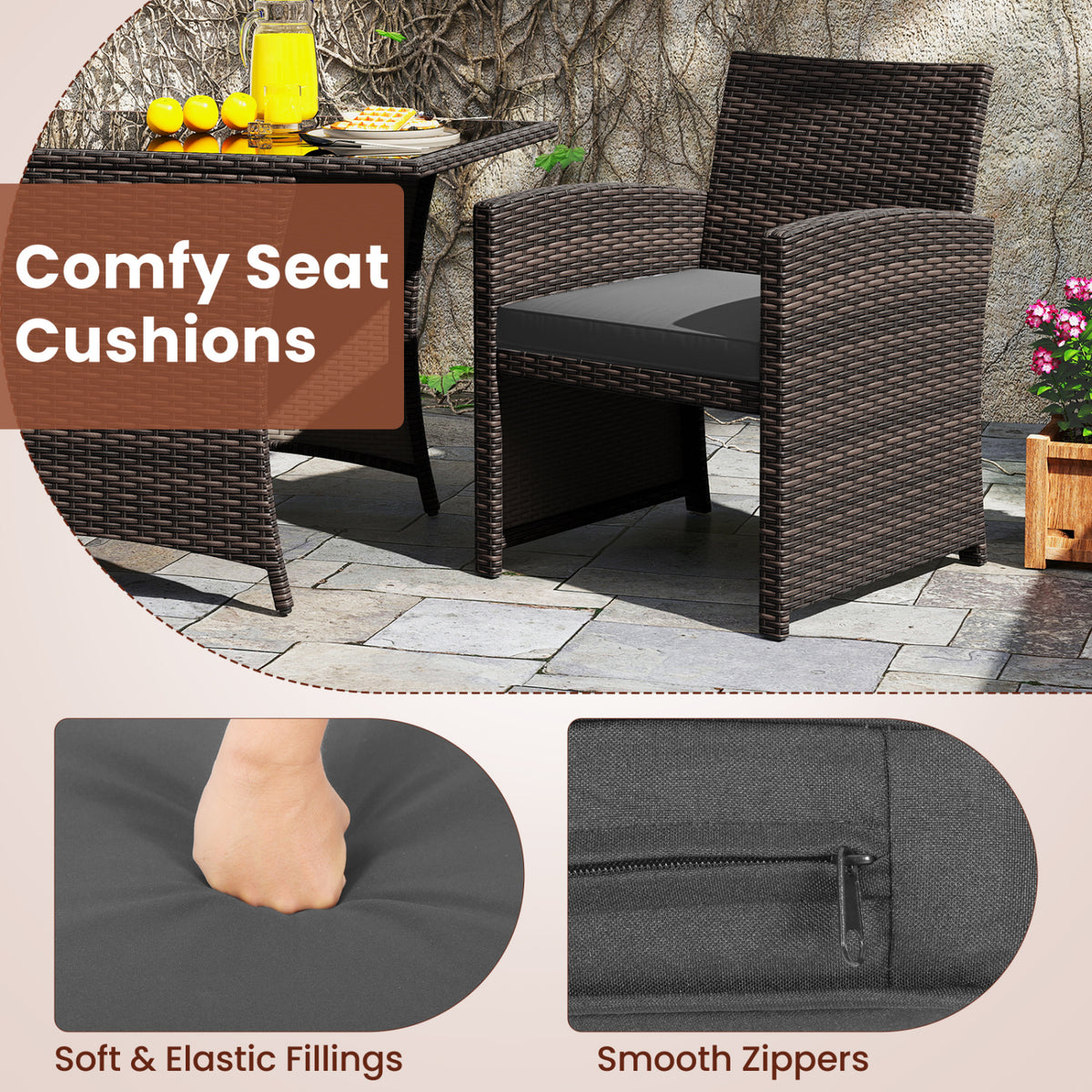 3 Piece Patio Wicker Dining Set with Rectangle Tempered Glass Table
