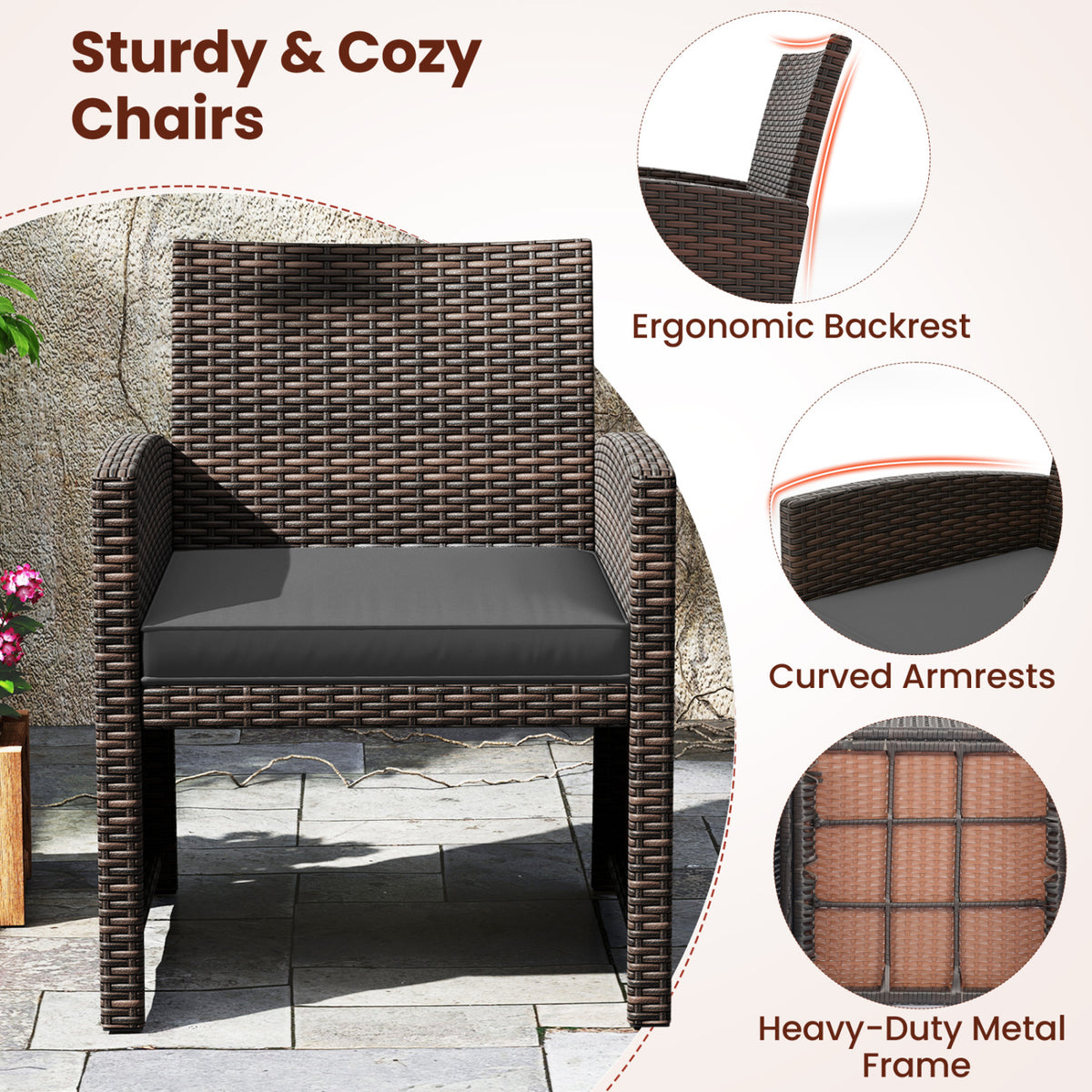 3-Piece Patio Wicker Dining Set with Tempered Glass Table – Gray