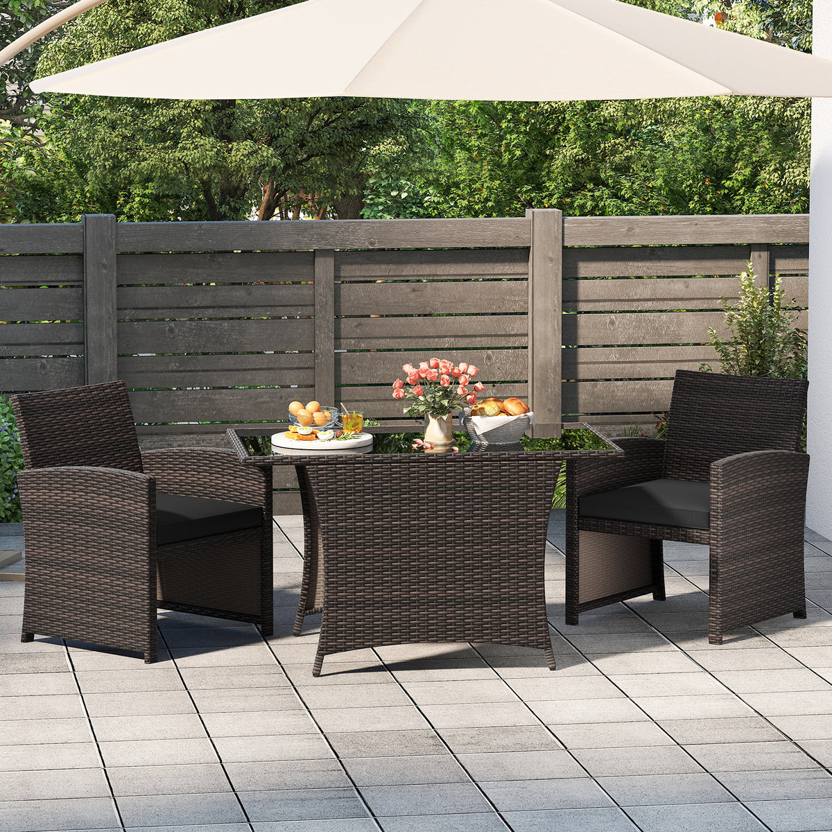 3-Piece Patio Wicker Dining Set with Tempered Glass Table – Gray