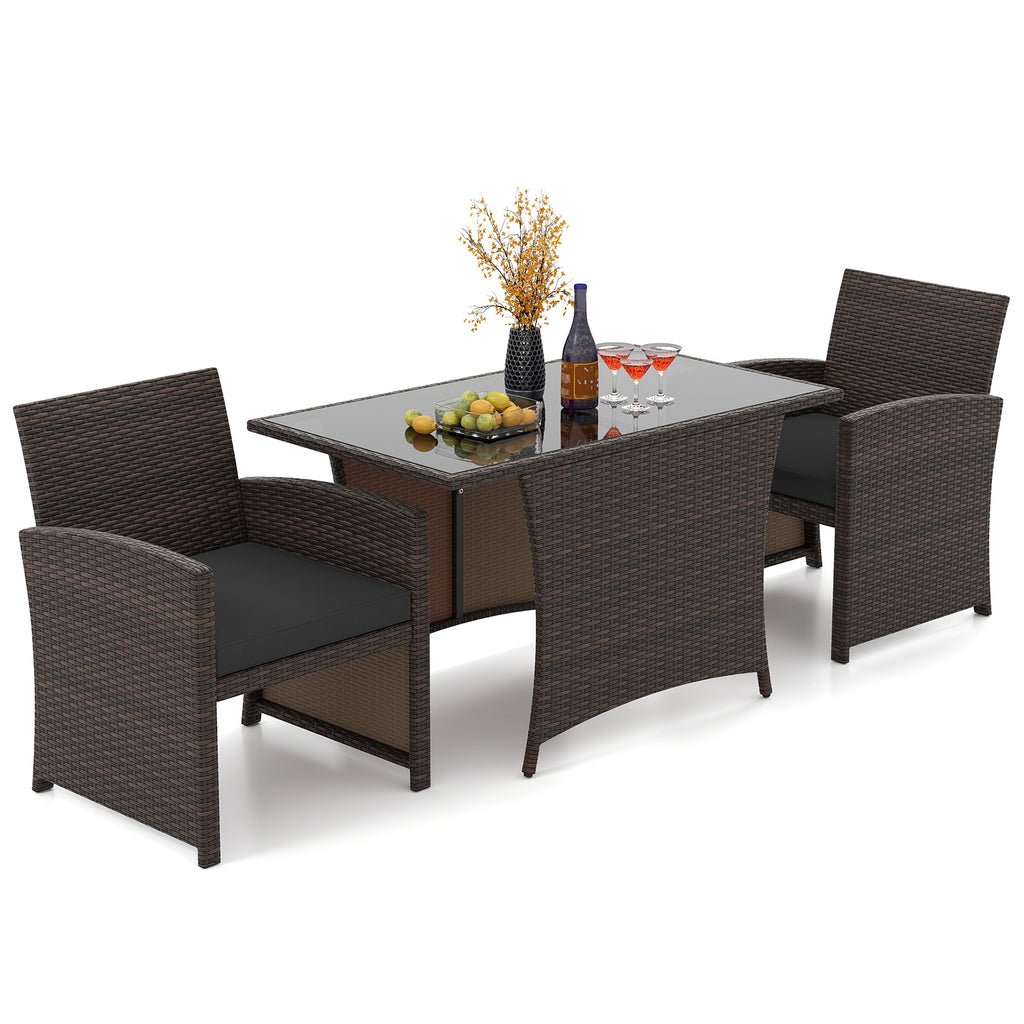 3-Piece Patio Wicker Dining Set with Tempered Glass Table – Gray