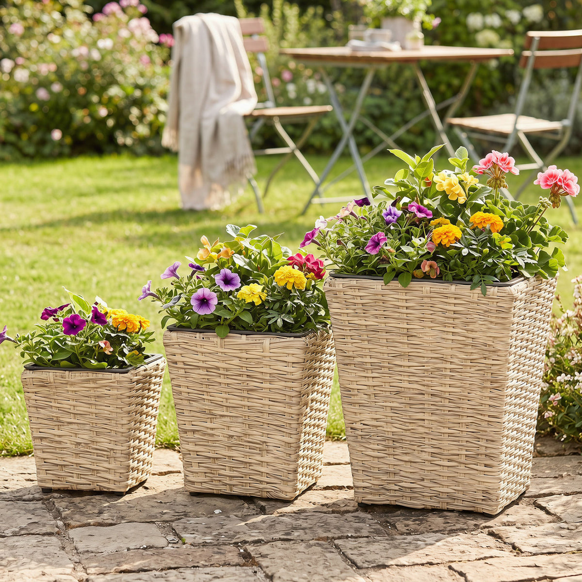 3-Piece Rattan Planter Box Kit with Removable Plastic Liners