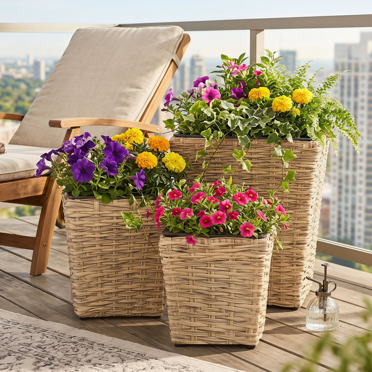 3-Piece Rattan Planter Box Kit with Removable Plastic Liners