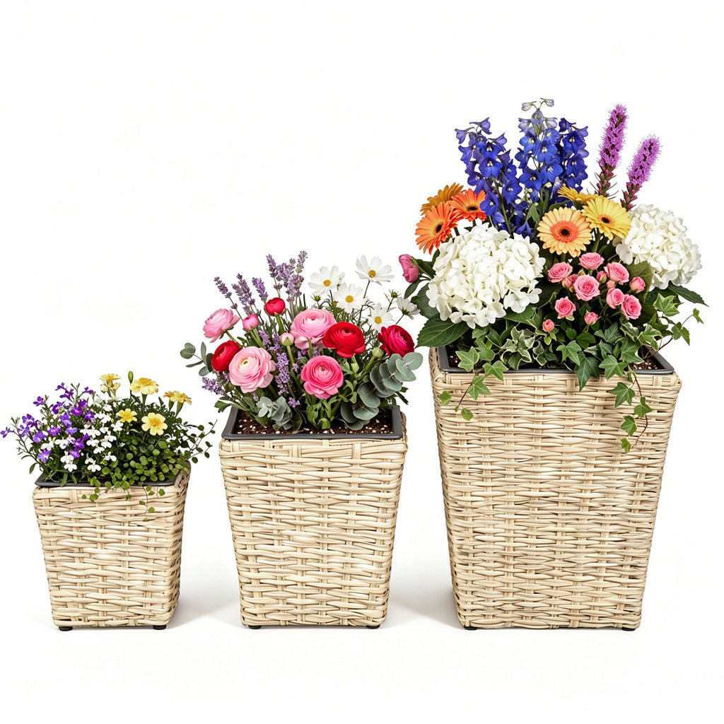 3-Piece Rattan Planter Box Kit with Removable Plastic Liners