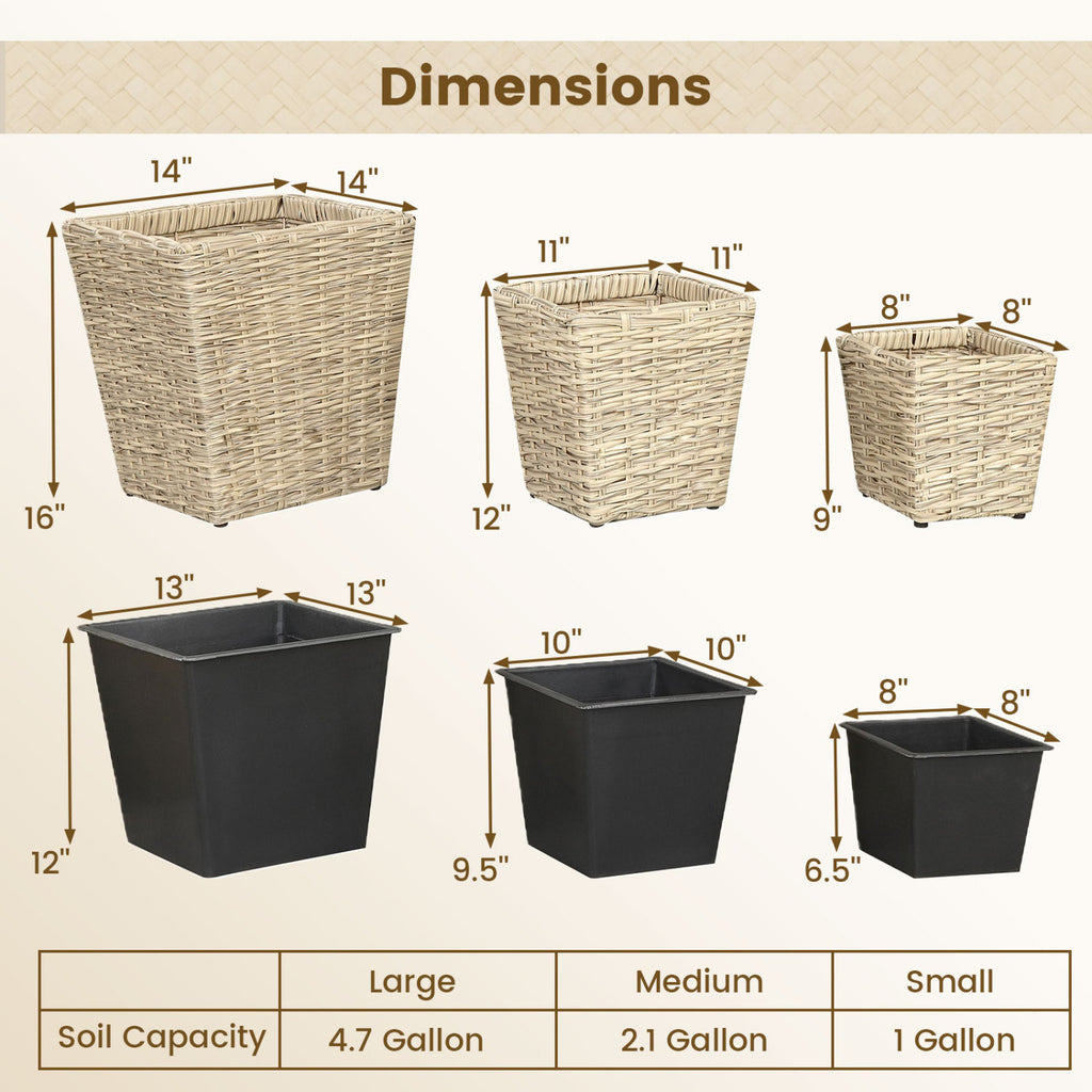 3-Piece Rattan Planter Box Kit with Removable Plastic Liners