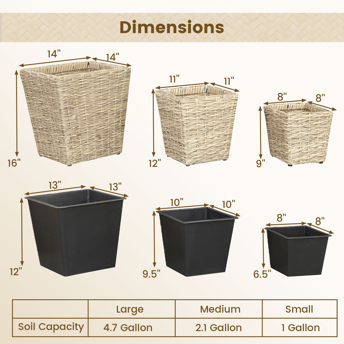 3-Piece Rattan Planter Box Kit with Removable Plastic Liners