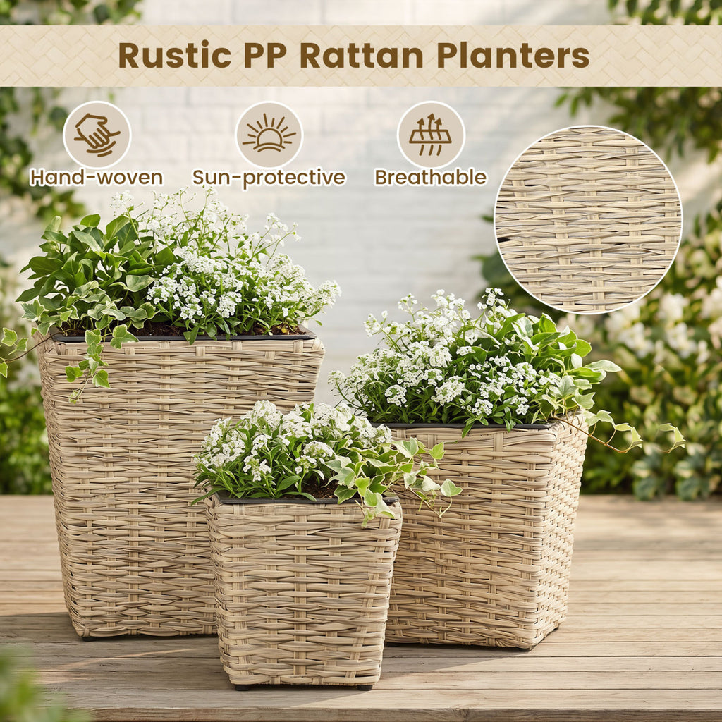 3-Piece Rattan Planter Box Kit with Removable Plastic Liners