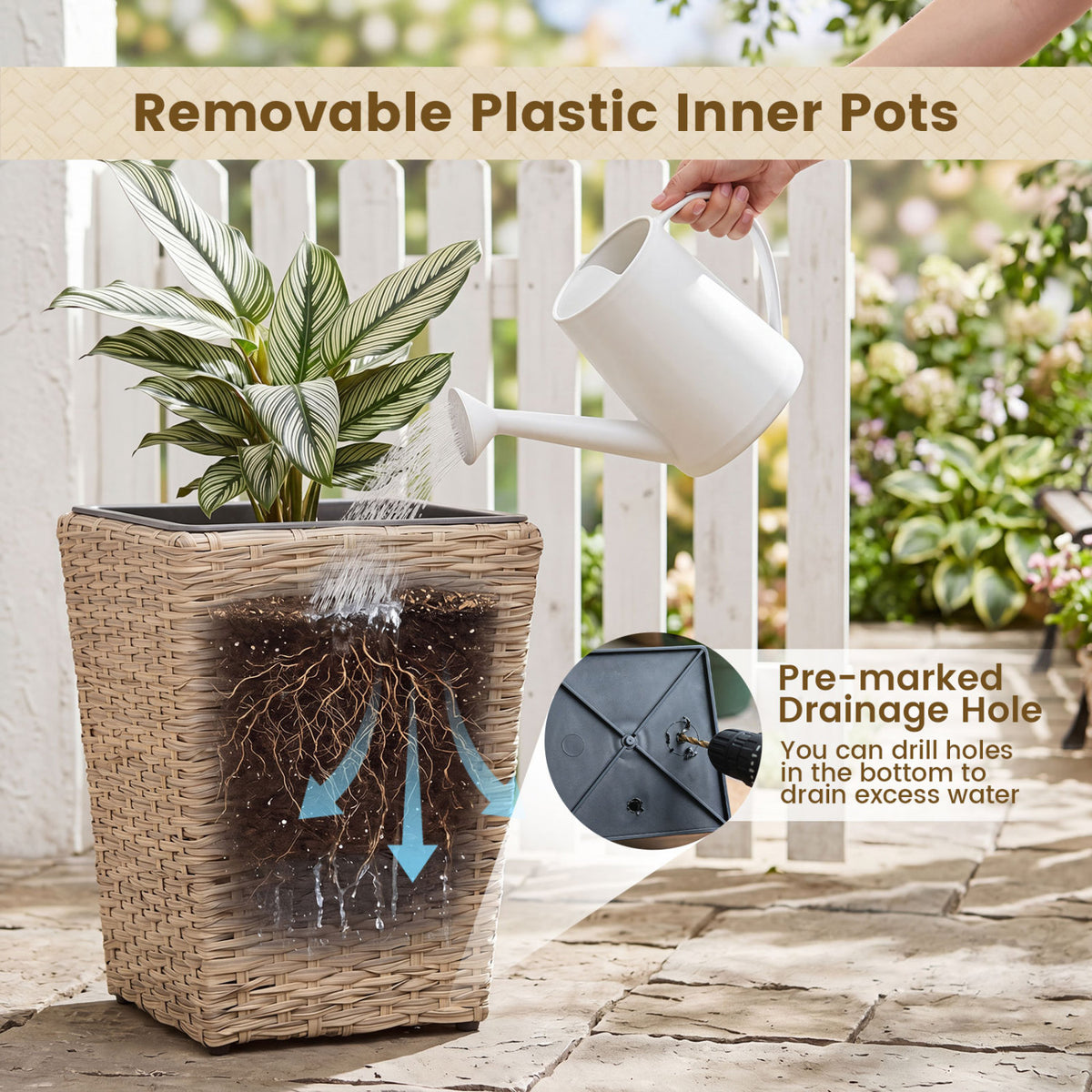 3-Piece Rattan Planter Box Kit with Removable Plastic Liners