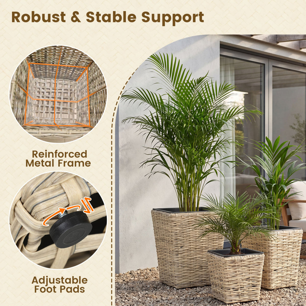 3-Piece Rattan Planter Box Kit with Removable Plastic Liners