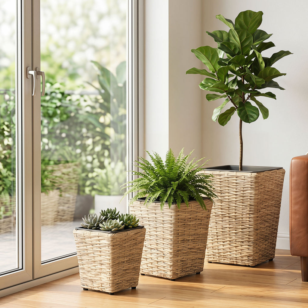 3-Piece Rattan Planter Box Kit with Removable Plastic Liners