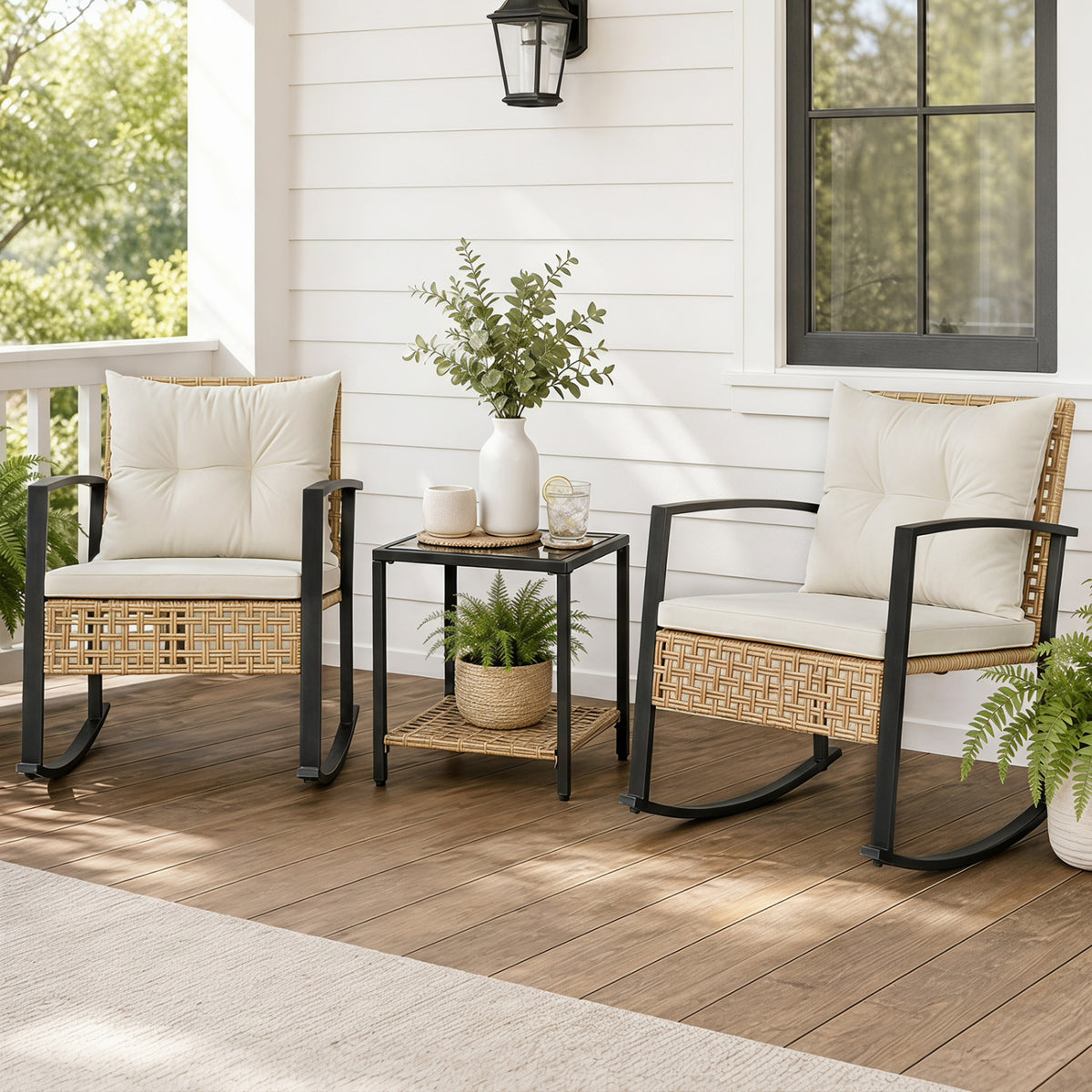 3-Piece Rattan Wicker Patio Conversation Set for Porch Balcony Garden